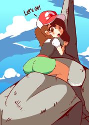 Rule 34 | 1girl, animated, animated gif, artist name, ass, baseball cap, black vest, blouse, blue sky, blush, breasts, brown eyes, brown hair, chestnut mouth, child, cloud, creatures (company), day, diives, elaine (pokemon), english text, female focus, from behind, game freak, gen 1 pokemon, green shorts, hand up, hat, highres, looking at viewer, looking back, matching hair/eyes, nintendo, onix, open mouth, outdoors, poke ball theme, pokemon, pokemon (creature), pokemon lgpe, ponytail, red hat, riding, riding pokemon, shirt, short shorts, short sleeves, shorts, signature, sitting, sky, small breasts, solo focus, straddling, talking, teeth, toon (style), vest, white shirt, wide hips