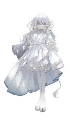Rule 34 | 1girl, absurdres, axleaki, blue eyes, boots, closed mouth, detached sleeves, dress, frills, full body, highres, horns, long hair, looking at viewer, original, pointy ears, puffy shorts, shorts, sleeves past wrists, solo, tachi-e, tail, transparent background, white dress, white footwear, white hair, white horns, white shorts, white tail, white theme