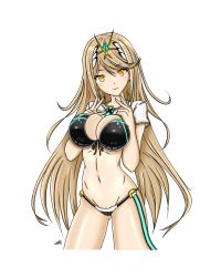 Rule 34 | 1girl, bikini, blonde hair, breasts, cleavage, highres, pussy, large breasts, long hair, looking at viewer, mythra (xenoblade), navel, nintendo, smile, solo, standing, swimsuit, xenoblade chronicles (series), xenoblade chronicles 2, xenoblade chronicles (series), xenoblade chronicles 2, yellow eyes