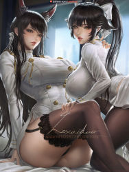 Rule 34 | 2girls, animal ear fluff, animal ears, arm support, artist name, atago (azur lane), azur lane, black hair, black legwear, blurry, blurry background, blush, bow, breasts, brown eyes, extra ears, garter straps, hair bow, hair flaps, hair ribbon, hand on another&#039;s shoulder, hand on another&#039;s thigh, indoors, kneeling, lace, lace-trimmed legwear, lace trim, large breasts, lexaiduer, long hair, looking at viewer, military, military uniform, miniskirt, mole, mole under eye, multiple girls, pantyhose, parted lips, ponytail, red lips, ribbon, sitting, skindentation, skirt, smile, swept bangs, takao (azur lane), thighhighs, thighs, uniform, very long hair, white bow, white ribbon