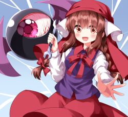Rule 34 | 1girl, bat wings, blue background, bow, braid, brown eyes, brown hair, commentary request, evil eye sigma, gradient background, hair bow, highres, holding, holding wrench, long sleeves, looking at viewer, purple vest, red bow, red headwear, red skirt, rika (touhou), ruu (tksymkw), skirt, touhou, touhou (pc-98), twin braids, vest, wings, wrench