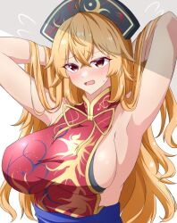 Rule 34 | 1girl, armpits, arms behind head, blonde hair, blush, breasts, chinese clothes, colored eyelashes, crossed bangs, hand in own hair, headdress, highres, junko (touhou), large breasts, long hair, looking at viewer, open mouth, red eyes, sideboob, simple background, solo, sweatdrop, tasuku (tusktouhou4), touhou, white background