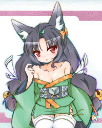 Rule 34 | 1girl, animal ears, azur lane, bell, black hair, breasts, cleavage, collarbone, commentary request, fox ears, japanese clothes, kazami yutaka (23), long hair, open mouth, red eyes, simple background, small breasts, solo, thighhighs, white thighhighs, yuubari (azur lane)