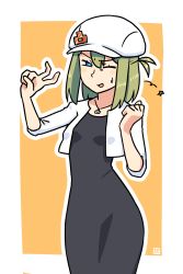Rule 34 | 1girl, ;d, black dress, blue eyes, breasts, cabbie hat, commentary request, cropped jacket, dress, green hair, hair between eyes, hands up, hat, highres, jacket, muu (mumumer), one eye closed, open mouth, orange background, original, outline, short sleeves, small breasts, smile, solo, standing, star (symbol), sweat, two-tone background, v, white background, white hat, white jacket, white outline, yunomiya agari
