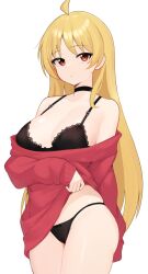 Rule 34 | 1girl, absurdres, ahoge, black bra, blonde hair, bocchi the rock!, bra, breasts, cleavage, highres, ijichi seika, lace, lace-trimmed bra, lace trim, large breasts, lingerie, long hair, looking at viewer, moursho, panties, red eyes, solo, underwear
