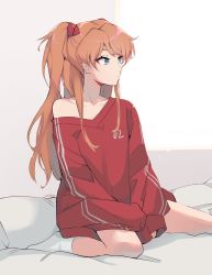 Rule 34 | 1girl, bare legs, bed, blue eyes, breasts, brown hair, expressionless, hair ornament, highres, interface headset, long hair, looking to the side, milk4290, neon genesis evangelion, on bed, oversized clothes, pillow, simple background, socks, solo, souryuu asuka langley, twintails, two side up, very long hair