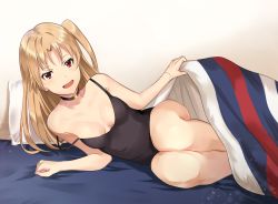 Rule 34 | 1girl, :d, alternate costume, arm support, azur lane, bad id, bad pixiv id, bare arms, bare legs, bare shoulders, bed, bed sheet, black choker, blanket, blonde hair, breasts, camisole, choker, cleavage, cleveland (azur lane), indoors, legs together, long hair, looking at viewer, lying, medium breasts, on bed, on side, one side up, open mouth, pillow, red eyes, sleeveless, smile, solo, star (symbol), strap slip, takeume, under covers, underwear, underwear only, wall