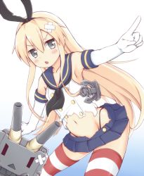 Rule 34 | 10s, 1girl, anchor hair ornament, bad id, bad pixiv id, bare shoulders, black panties, blonde hair, blue skirt, blush, chestnut mouth, elbow gloves, gloves, grey eyes, hair ornament, highleg, highleg panties, kantai collection, long hair, midriff, mrisk, navel, neckerchief, panties, pleated skirt, pointing, rensouhou-chan, sailor collar, shimakaze (kancolle), skirt, striped clothes, striped thighhighs, thighhighs, torn clothes, torn skirt, triangle mouth, underwear, white background, white gloves
