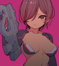 Rule 34 | 1girl, android, apex legends, breasts, brown eyes, brown hair, collarbone, gun, hair behind ear, hair over one eye, holding, holding gun, holding weapon, hololive, mechanical arms, medium breasts, nosir onadat, one eye covered, pasties, pink background, prowler smg, roboco-san, science fiction, simple background, solo, submachine gun, upper body, virtual youtuber, weapon