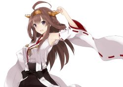 Rule 34 | 10s, 1girl, akiha (attract), arm up, armpits, bad id, bad pixiv id, blush, brown hair, detached sleeves, double bun, hair bun, hairband, headgear, japanese clothes, kantai collection, kongou (kancolle), long hair, looking at viewer, nontraditional miko, open mouth, purple eyes, ribbon-trimmed sleeves, ribbon trim, simple background, skirt, smile, solo, white background