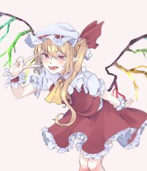 Rule 34 | 1girl, ascot, flandre scarlet, hat, hat ribbon, highres, kanaria (bocmn), leaning forward, long hair, looking at viewer, mob cap, one side up, open mouth, pointy ears, red eyes, red ribbon, red skirt, red vest, ribbon, shirt, short sleeves, shorts, simple background, skirt, solo, touhou, vest, white hat, white shirt, wings, wrist cuffs, yellow ascot