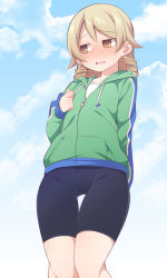 Rule 34 | 1girl, arm at side, bad id, bad pixiv id, bike shorts, blue sky, blush, cloud, cloudy sky, day, drill hair, eyebrows, facing away, flat chest, green jacket, hair between eyes, hood, hood down, hooded jacket, idolmaster, idolmaster cinderella girls, jacket, light brown hair, long sleeves, looking away, looking to the side, morikubo nono, no nose, nose blush, open mouth, orange eyes, outdoors, pocket, shirt, short hair, sky, solo, standing, sweatdrop, thigh gap, tongue, track jacket, uccow, white shirt