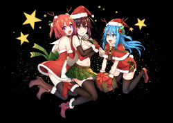 Rule 34 | 3girls, :d, bare shoulders, bell, black background, black legwear, blue eyes, blue hair, boots, box, breasts, brown hair, capelet, christmas, commentary, elbow gloves, fake antlers, fur trim, gift, gift box, gloves, hair between eyes, hair ornament, half updo, hat, healther, heterochromia, high heels, highres, long hair, looking at another, looking at viewer, medium breasts, multiple girls, open mouth, original, purple eyes, red eyes, red gloves, red hair, santa costume, santa hat, sash, shoes, short hair, short ponytail, smile, star (symbol), thighhighs, yellow eyes
