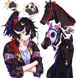 1boy 1girl animal_ears black_gloves black_hair black_jacket blue_eyes bridle chibi commentary_request crossed_arms dog ear_covers gloves hair_between_eyes hair_ornament highres horse horse_ears horse_girl jacket jagaimobeniko katsuragi_ace_(racehorse) katsuragi_ace_(umamusume) multicolored_hair multiple_views simple_background smile streaked_hair tassel tassel_hair_ornament umamusume upper_body white_background white_hair