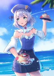 Rule 34 | 1girl, beach, beret, bird, black skirt, blue hat, breasts, cleavage, ctiahao, detached sleeves, food, genshin impact, green eyes, hat, holding, holding tray, lens flare, lighter-than-air pancake (genshin impact), looking to the side, neck ruff, noelle (genshin impact), ocean, open mouth, palm tree, pancake, short hair, silver hair, skirt, small breasts, solo, sun, tray, tree