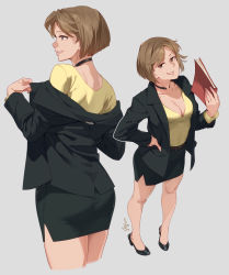 Rule 34 | 1girl, ass, belt, black footwear, black jacket, breasts, brown eyes, brown hair, choker, cleavage, commentary, english commentary, feguimel, folder, full body, grey background, hand on own hip, high heels, highres, holding, holding folder, jacket, large breasts, long sleeves, multiple views, office lady, open clothes, open jacket, original, pencil skirt, removing jacket, shirt, signature, skirt, yellow shirt