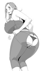 Rule 34 | 1girl, ass, ass cutout, bent over, breasts, bursting ass, butt crack, camisole, clothing cutout, curvy, female focus, ganto, greyscale, highres, huge ass, huge breasts, looking at viewer, looking back, mature female, monochrome, non-web source, okita kyouko, okusan, panties, pants, simple background, solo, thick thighs, thighs, thong, torn clothes, underwear, wardrobe malfunction, white background, wide hips