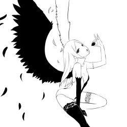 Rule 34 | 1girl, asymmetrical wings, black vs white, elbow gloves, feathers, food, fruit, gloves, greyscale, long hair, monochrome, simple background, solo, strawberry, thighhighs, tongue, tongue out, white background, wings, zaxwu