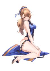 Rule 34 | 1girl, beatrix (granblue fantasy), blush, breasts, brown eyes, brown hair, full body, granblue fantasy, high heels, highres, large breasts, long hair, looking at viewer, majo (pastamajo), one-piece swimsuit, ponytail, simple background, solo, swimsuit, white background