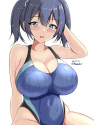 Rule 34 | 1girl, black one-piece swimsuit, blue eyes, blue hair, blue one-piece swimsuit, blush, breasts, competition swimsuit, covered navel, dated, hair between eyes, hair ribbon, highleg, highleg swimsuit, highres, impossible clothes, impossible swimsuit, kantai collection, large breasts, long hair, looking at viewer, montemasa, multicolored clothes, multicolored swimsuit, one-hour drawing challenge, one-piece swimsuit, open mouth, ribbon, short hair, simple background, sitting, smile, solo, souryuu (kancolle), swimsuit, twintails, twitter username, two-tone swimsuit, wet, wet clothes, wet swimsuit, white background, white ribbon