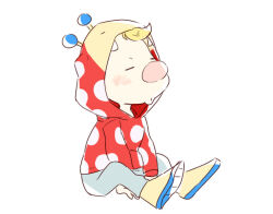 Rule 34 | 1boy, big nose, blonde hair, blue pants, blue trim, blush, boots, bulborb, character hood, closed eyes, commentary, cutie-png, english commentary, hands on lap, louie (pikmin), open mouth, pants, pikmin (series), pikmin 2, polka dot sweater, red sweater, sharp teeth, short hair, sitting, sketch, sweater, teeth, very short hair, white footwear