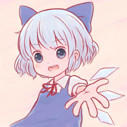 Rule 34 | 1girl, :d, batta (ijigen debris), blue dress, blue eyes, blue hair, blush, bow, cirno, collared shirt, dress, eyebrows, fairy wings, hair bow, ice, ice wings, looking at viewer, matching hair/eyes, open mouth, outstretched arm, outstretched hand, pink background, puffy short sleeves, puffy sleeves, reaching, reaching towards viewer, ribbon, shirt, short hair, short sleeves, simple background, smile, solo, touhou, upper body, wings