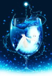 Rule 34 | 1girl, blue eyes, blue theme, cup, drinking glass, full moon, highres, long hair, looking at viewer, moon, original, solo, star (symbol), water, white hair, yuuno (yukioka)