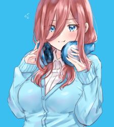 Rule 34 | 1girl, :t, bad id, bad twitter id, blue background, blue cardigan, blue eyes, blush, brown hair, cardigan, collared shirt, commentary request, flying sweatdrops, go-toubun no hanayome, hair between eyes, hands on headphones, headphones, headphones around neck, long hair, long sleeves, looking at viewer, minori 748, nakano miku, shirt, simple background, solo, upper body, white shirt