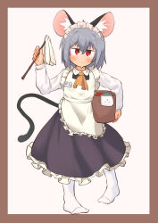 Rule 34 | 1girl, absurdres, alternate costume, animal ear fluff, animal ears, apron, ascot, blush, brown background, closed mouth, commentary request, dress, duster, enmaided, flat chest, frilled apron, frilled dress, frills, frown, full body, greenpiecerice, grey dress, grey hair, hair between eyes, highres, holding, holding duster, laundry basket, long bangs, long sleeves, looking at viewer, maid, maid apron, maid headdress, mouse ears, mouse girl, mouse tail, name tag, nazrin, no shoes, red eyes, shirt, short hair, socks, solo, standing, tail, touhou, two-tone background, v-shaped eyebrows, white apron, white background, white shirt, white socks, yellow ascot