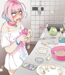 Rule 34 | 1girl, ^^^, absurdres, ahoge, belt collar, blue hair, blush, bowl, bracelet, cabbage, can, cellphone, collar, commentary, constricted pupils, cooking, cowboy shot, cutting board, dumpling, earrings, english commentary, failure, fang, fisheye, food, frying pan, giganticbuddha, hair intakes, heart-shaped lock, heart collar, heart on chest, highres, holding, holding food, how to, idolmaster, idolmaster cinderella girls, indoors, jewelry, jiaozi, kitchen, kitchen knife, knife, looking at food, looking at object, medium hair, motion lines, multicolored hair, mushroom, nose blush, off shoulder, open mouth, phone, pill, pill earrings, pink collar, pink eyes, pink hair, shirt, skeleton print, smartphone, solo, spoon, standing, surprised, t-shirt, tile wall, tiles, two-tone hair, v-shaped eyebrows, wide-eyed, yumemi riamu