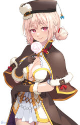 Rule 34 | 1girl, alternate costume, arch mage (ragnarok online), belt, black belt, blonde hair, blush, breasts, bright pupils, brown capelet, brown dress, brown gloves, brown hat, candy, capelet, cleavage, cleavage cutout, closed mouth, clothing cutout, commentary request, cowboy shot, double bun, dress, food, fur-trimmed gloves, fur hat, fur trim, gem, gloves, gold trim, hair bun, hair ribbon, hat, hat belt, highres, holding, holding candy, holding food, holding lollipop, kathryne keyron, large breasts, lollipop, looking at viewer, masaki shino, medium bangs, pearl (gemstone), ragnarok online, red eyes, red ribbon, ribbon, short dress, short hair, simple background, solo, swirl lollipop, white background, white dress, white pupils