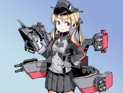 Rule 34 | 1girl, adapted turret, alternate breast size, anchor hair ornament, aqua eyes, black skirt, blonde hair, blue background, breasts, cannon, commentary, cowboy shot, english commentary, gloves, gradient background, hair ornament, hat, kantai collection, long hair, low twintails, machinery, microskirt, military, military hat, military uniform, mixed-language commentary, one-hour drawing challenge, peaked cap, pleated skirt, prinz eugen (kancolle), sixten, skirt, small breasts, smile, solo, turret, twintails, uniform, white gloves