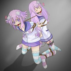 Rule 34 | 10s, 2girls, ^^^, arms behind back, ball gag, bdsm, blush, bondage, bound, bound together, closed eyes, collar, d-pad, femuto, gag, hair ornament, incest, linked collar, long hair, looking at viewer, multiple girls, nepgear, neptune (neptunia), neptune (series), open mouth, purple eyes, purple hair, restrained, rope, sex toy, shibari, short hair, siblings, striped clothes, striped legwear, striped thighhighs, thighhighs, vibrator