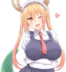 Rule 34 | 10s, 1girl, ;d, amane hasuhito, bad id, bad pixiv id, blush, breast hold, breasts, dragon girl, dragon horns, dragon tail, elbow gloves, fang, gloves, hair between eyes, heart, horns, kobayashi-san chi no maidragon, large breasts, large tail, long hair, looking at viewer, maid, maid headdress, one eye closed, open mouth, orange hair, puffy short sleeves, puffy sleeves, red eyes, short sleeves, slit pupils, smile, solo, tail, tohru (maidragon), twintails, upper body, white gloves