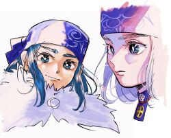 Rule 34 | 1girl, ainu, asirpa, blue eyes, blue hair, cloak, close-up, commentary request, dctroo 08, earrings, fur cloak, golden kamuy, headband, highres, hoop earrings, jewelry, long hair, looking at viewer, multiple views, profile, sidelocks, simple background, smile, solo, white background, white cloak