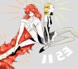 Rule 34 | 2others, absurdly long hair, androgynous, asymmetrical legwear, black neckwear, blonde hair, cojima, dated, elbow gloves, gloves, houseki no kuni, long hair, multiple others, necktie, padparadscha (houseki no kuni), red eyes, red hair, shirt, short hair, short sleeves, signature, smile, suspenders, thighhighs, uneven legwear, uniform, very long hair, white shirt, yellow diamond (houseki no kuni), yellow eyes