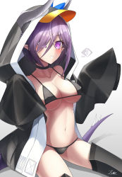 Rule 34 | 1girl, absurdres, artist name, bare shoulders, bikini, black bikini, blue eyes, breasts, choker, cleavage, collarbone, commentary request, cosplay, covered erect nipples, dragon girl, dragon horns, dragon tail, fate/grand order, fate (series), hair over one eye, highres, horns, large breasts, long hair, long sleeves, looking at viewer, meltryllis, meltryllis (fate), meltryllis (swimsuit lancer) (fate), meltryllis (swimsuit lancer) (fate) (cosplay), meltryllis (swimsuit lancer) (first ascension) (fate), original, purple hair, sitting, sleeves past fingers, sleeves past wrists, solo, swimsuit, tail, very long hair, z.m. (zimin)
