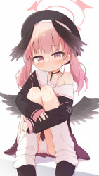 Rule 34 | 1girl, ayanepuna, bare shoulders, beret, black choker, black footwear, black hat, black shirt, black wings, blouse, blue archive, blush, choker, closed mouth, collarbone, commentary request, feathered wings, halo, hat, head wings, highres, hugging object, hugging own legs, knees up, koharu (blue archive), long hair, long sleeves, loose socks, low wings, off shoulder, panties, pink eyes, pink hair, pleated skirt, puffy long sleeves, puffy sleeves, purple skirt, sailor collar, shirt, shoes, sitting, skirt, sleeves past wrists, socks, solo, sweat, twintails, underwear, wavy hair, white background, white panties, white sailor collar, white socks, wings