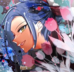 Rule 34 | 1girl, absurdres, assault lily, black background, black jacket, blue hair, commentary request, floral background, flower, folded ponytail, from side, gradient background, green eyes, hair ribbon, high collar, highres, jacket, kikikaikai (kikikaikai chan), looking away, miyamoto komuku, parted bangs, parted lips, pink flower, portrait, profile, red ribbon, ribbon, school uniform, short hair, sidelocks, solo, yellow eyes