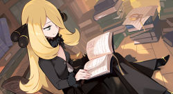 Rule 34 | 1girl, black dress, blanco026, blonde hair, blue eyes, book, book stack, bookmark, bookshelf, breasts, chair, closed mouth, creatures (company), cynthia (pokemon), dress, game freak, hair ornament, hair over one eye, high heels, indoors, long hair, long sleeves, looking down, nintendo, official art, open book, paper, pocket watch, poke ball print, pokemon, pokemon dppt, pokemon tcg, reading, sitting, small breasts, smile, solo, third-party source, very long hair, watch