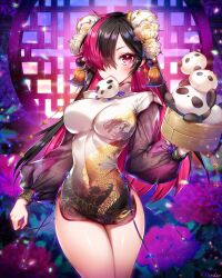 Rule 34 | 1girl, baozi, black hair, blush, breasts, bun cover, china dress, chinese clothes, commission, covered navel, double bun, dragon print, dress, earrings, flower, food, hair bun, hair flower, hair ornament, hair over one eye, hand up, holding, jewelry, large breasts, long hair, long sleeves, looking at viewer, mouth hold, multicolored hair, munlu (wolupus), original, pink hair, print dress, puffy long sleeves, puffy sleeves, rose, skeb commission, solo, thighs, two-tone hair, white flower, white rose