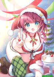 Rule 34 | 1girl, :o, absurdres, all fours, bare shoulders, bikini, blue eyes, blurry, boots, breasts, brown footwear, cake, christmas, christmas tree, cleavage, depth of field, food, green thighhighs, hat, highres, holding, holding spoon, long hair, looking at viewer, medium breasts, melonbooks, navel, neck ribbon, open mouth, plaid, plaid legwear, red hair, red hat, red ribbon, ribbon, santa bikini, santa hat, scan, solo, spoon, star (symbol), suimya, swimsuit, thighhighs, thighs