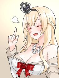 Rule 34 | 1girl, black hairband, blonde hair, blush, braid, breasts, cleavage, closed eyes, collarbone, crown, dress, french braid, furaggu (frag 0416), gradient background, hairband, index finger raised, jewelry, kantai collection, large breasts, long hair, long sleeves, mini crown, necklace, off-shoulder dress, off shoulder, open mouth, smile, solo, upper body, warspite (kancolle), white dress