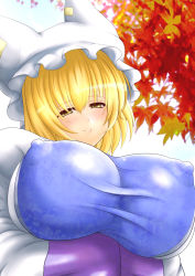 Rule 34 | 1girl, animal ears, animal hat, autumn leaves, blonde hair, blush, breast hold, breasts, covered erect nipples, dutch angle, fox ears, frills, from below, gradient background, hat, huge breasts, japanese clothes, kitsune, looking at viewer, mob cap, mob cap, short hair, sky, smile, solo, tabard, touhou, wontam, yakumo ran, yellow eyes