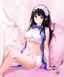 Rule 34 | 1girl, bandeau, bare shoulders, black hair, bloomers, blue ribbon, bow, bowtie, breasts, chitanda eru, feet out of frame, frills, hand up, headdress, highres, hyouka, long hair, looking at viewer, madoromi no yakusoku, medium breasts, mery (yangmalgage), midriff, navel, purple eyes, ribbon, sitting, solo, stomach, strapless, thighs, tube top, white bloomers