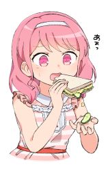 Rule 34 | 1girl, bang dream!, bd ayknn, dress, eating, food, frilled dress, frills, hairband, holding, holding food, maruyama aya, pickle, pink dress, pink eyes, pink hair, sandwich, simple background, solo, spilling, striped clothes, striped dress, sweatdrop, upper body, white background