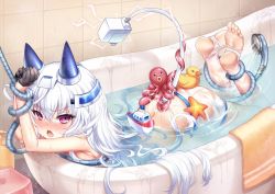 Rule 34 | 1girl, animal, arms up, ass, barefoot, bath, bathing, bathtub, black gloves, blush, bound, bound wrists, breast press, breasts, commentary request, electricity, feet, gloves, hair between eyes, half gloves, headgear, indie virtual youtuber, indoors, legs up, long hair, no shoes, nose blush, octopus, official art, open mouth, padko, partially submerged, purple eyes, rubber duck, see-through, shiodome oji, short shorts, shorts, shower head, small breasts, soles, solo, starfish, stirrup legwear, tail, teeth, thighhighs, tile wall, tiles, toeless legwear, towel, toy boat, upper teeth only, very long hair, virtual youtuber, water, white hair, white shorts, white thighhighs