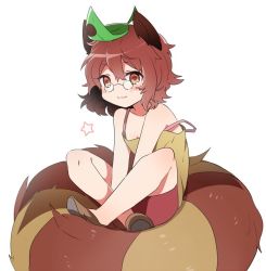 Rule 34 | 1girl, animal ears, bare shoulders, blush, brown eyes, brown footwear, brown hair, brown shorts, camisole, collarbone, fukurahagi uomaru, full body, futatsuiwa mamizou, glasses, indian style, leaf, leaf on head, looking at viewer, pince-nez, raccoon ears, raccoon tail, shoes, shorts, sitting, sleeveless, smile, solo, star (symbol), strap slip, tail, touhou, aged down