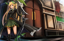 Rule 34 | 1girl, black footwear, blonde hair, boots, bow (weapon), closed mouth, day, eruthika, green eyes, green skirt, highres, holding, holding bow (weapon), holding weapon, knee boots, legs apart, long hair, long sleeves, looking at viewer, one side up, outdoors, pointy ears, sennen sensou aigis, sidelocks, skirt, smile, solo, spica (sennen sensou aigis), standing, thighs, weapon