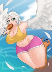 Rule 34 | 1girl, bird legs, breasts, burger, cleavage, commentary, crop top, english commentary, english text, feathered wings, feathers, flying, food, green eyes, highres, kt80at, large breasts, long hair, midriff, mouth hold, navel, original, pink shorts, shorts, solo, talons, tank top, white feathers, white hair, white wings, wide hips, winged arms, wings, yellow tank top